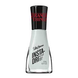 A bottle of Sally Hansen Insta-Dri nail color in a pale blue shade, featuring a black cap labeled "Stranger Things."