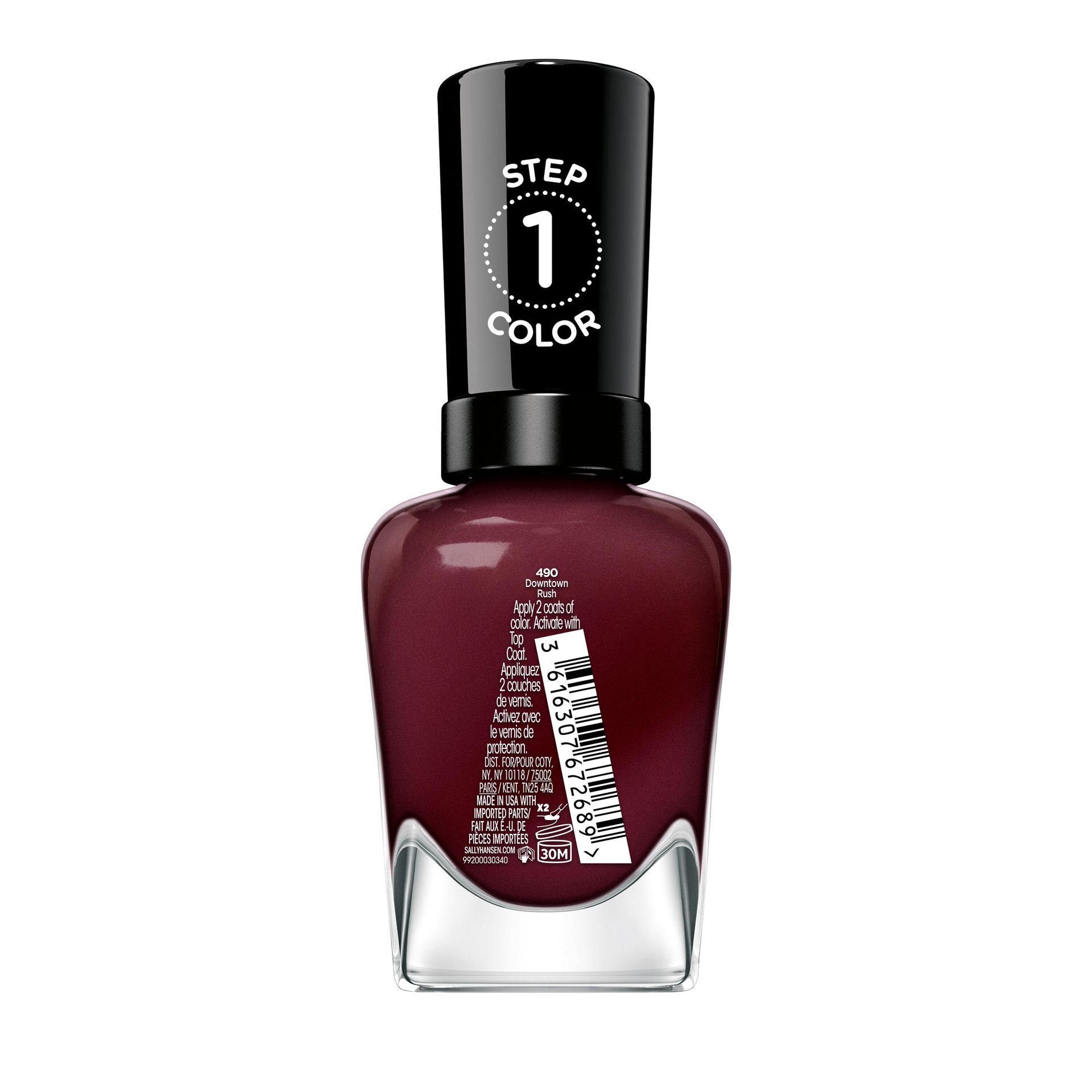 Back of Sally Hansen Miracle Gel Supercharged Bold Glam nail polish bottle in Downtown Rush 490 showing product label and ingredients