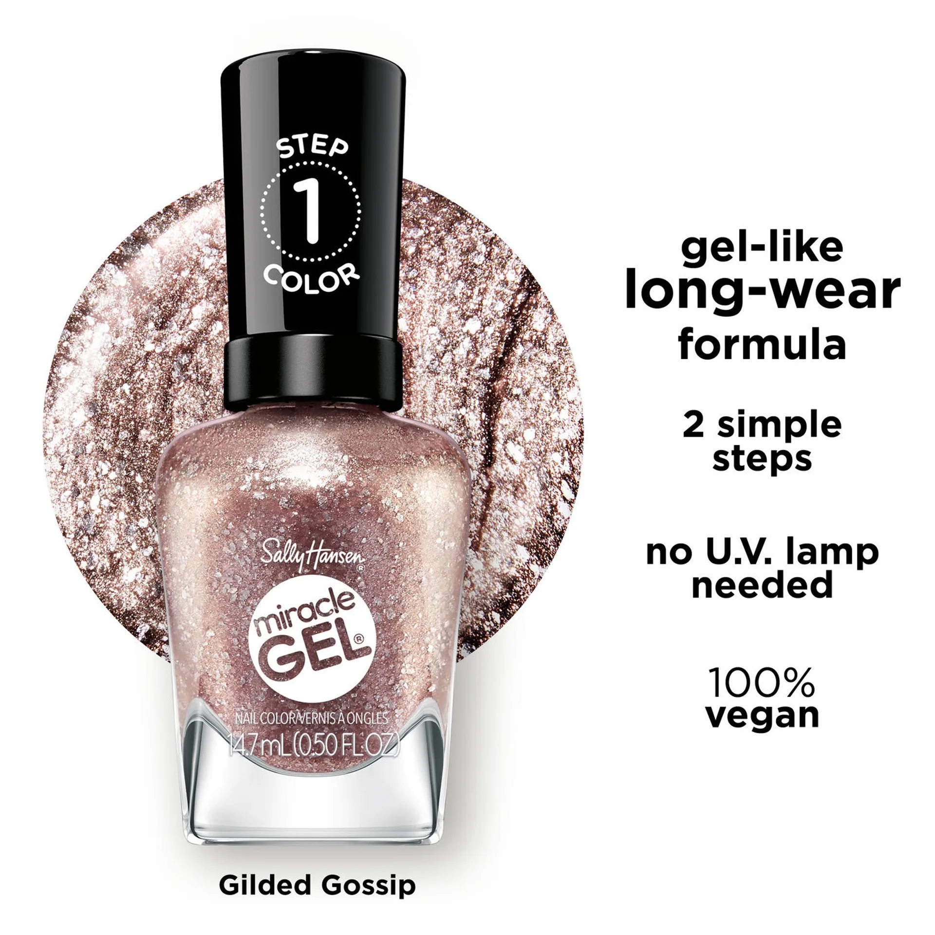 Sally Hansen Miracle Gel Supercharged Bold Glam nail polish bottle in Gilded Gossip 204, a shimmery gold, with color texture swatch