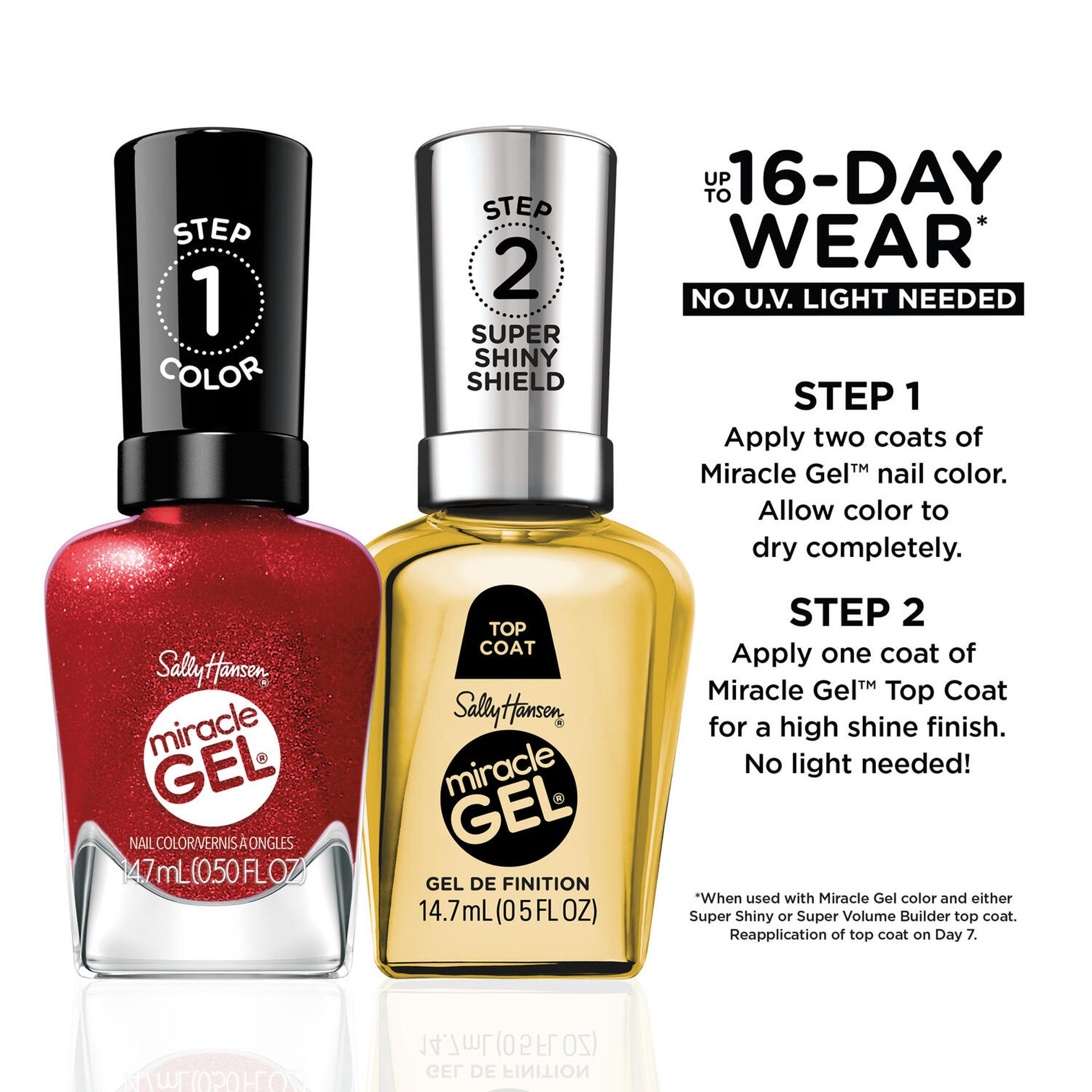 Step 1: Apply one coat of Sally Hansen Miracle Gel Supercharged Bold Glam in XOXO Sally 460 to clean nails