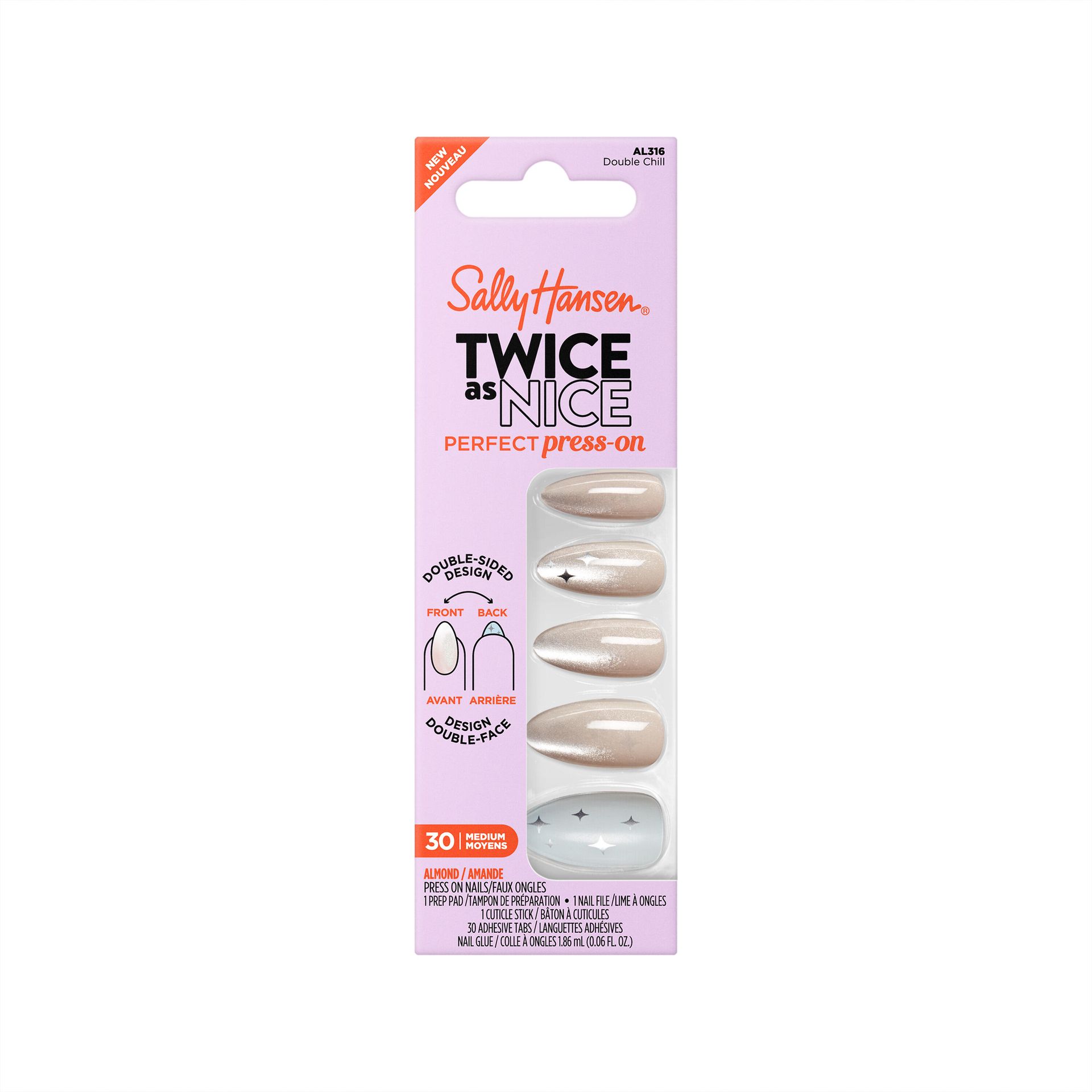 Sally Hansen Twice As Nice Perfect Press On nails in Double Chill AL316 — front of carton pack showing double-sided almond press-on design