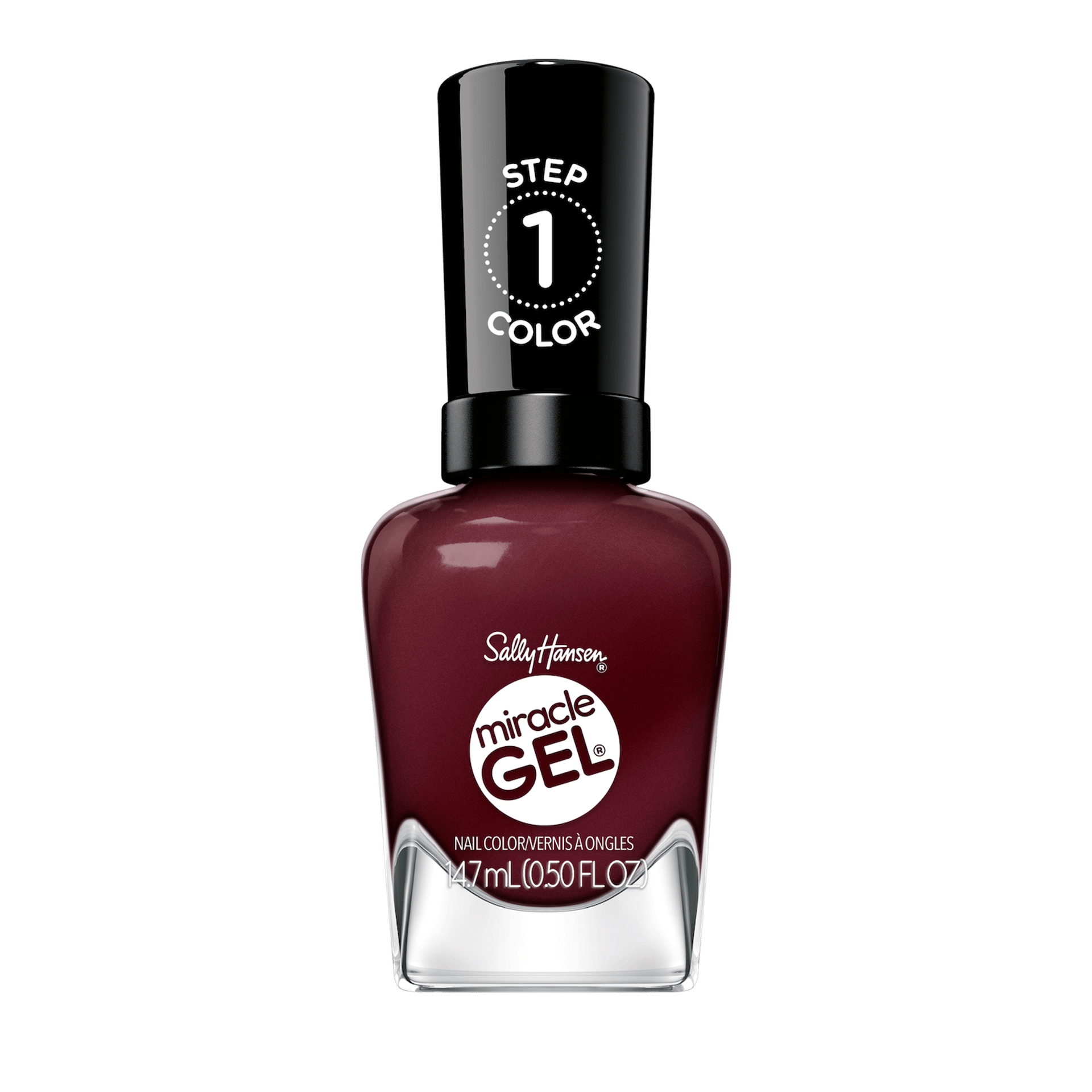Sally Hansen Miracle Gel Supercharged Bold Glam nail polish bottle in Downtown Rush 490, a deep wine creme shade