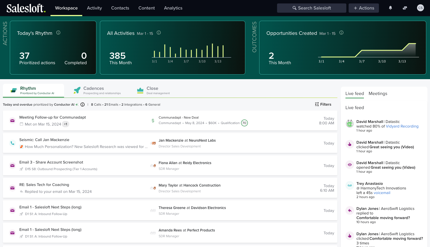 Screenshot of Seismic integrated with Salesloft Rhythm in the Salesloft platform