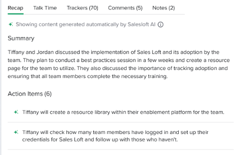 Screenshot of Conversation Intelligence in the Salesloft platform