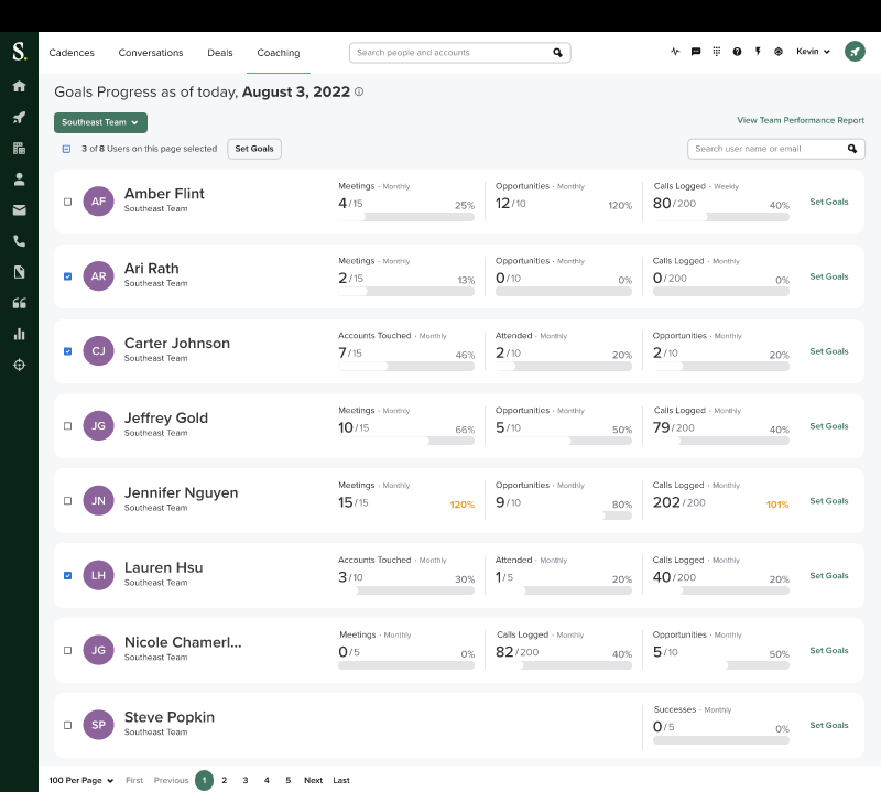 Screenshot of teams list in the Coaching section of the Salesloft platform