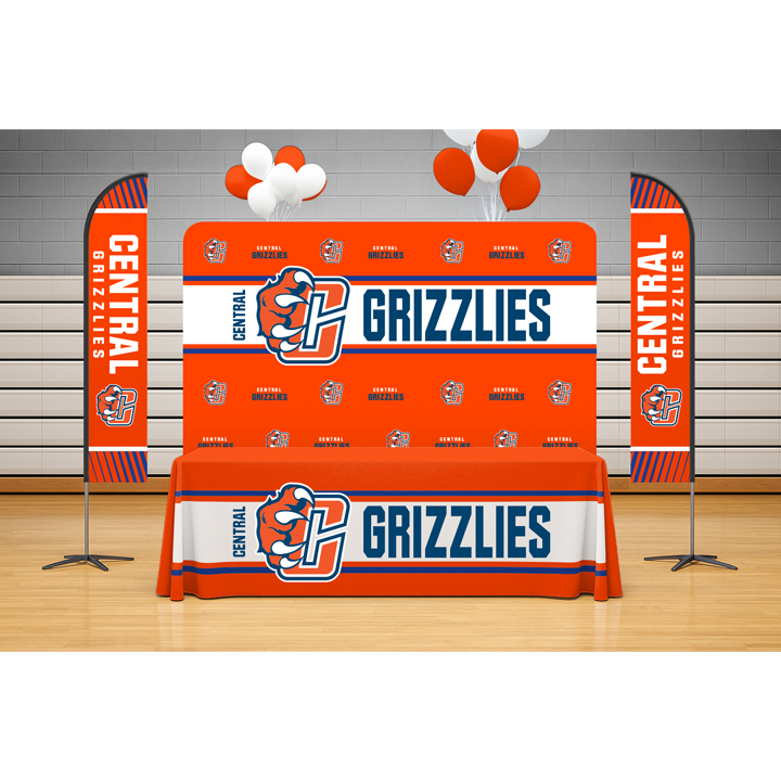 Custom branded campus branding items such as tablecloths, feather flags, and media backdrops
