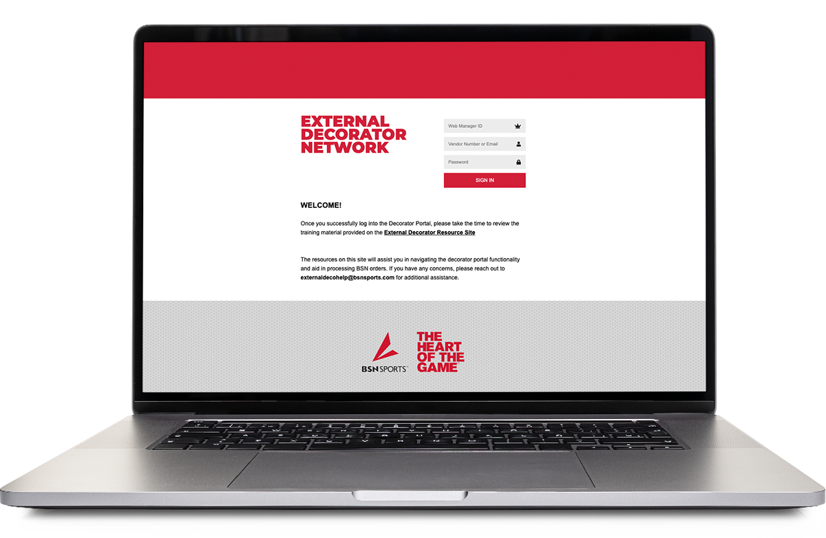 Laptop displaying the External Decorator Network sign-in page.