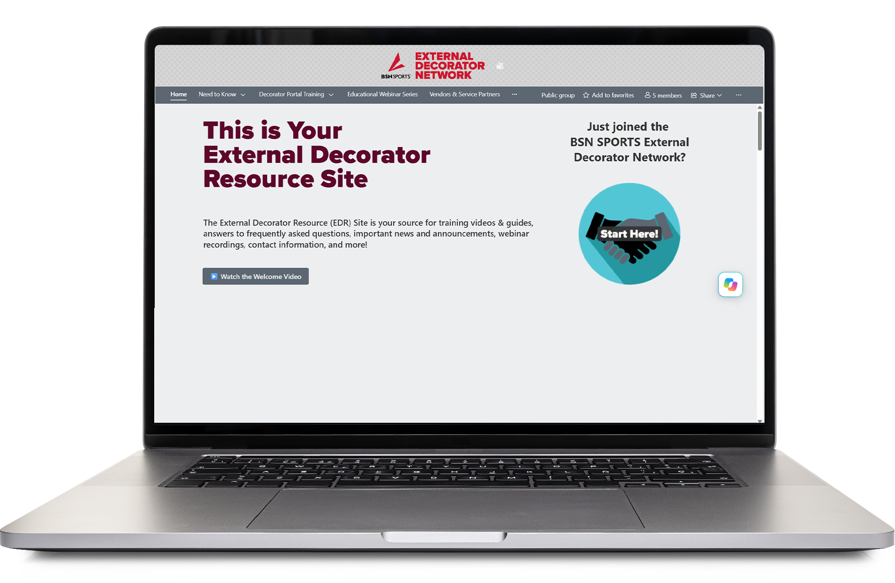 Laptop displaying the BSN SPORTS External Decorator Resource Site homepage.