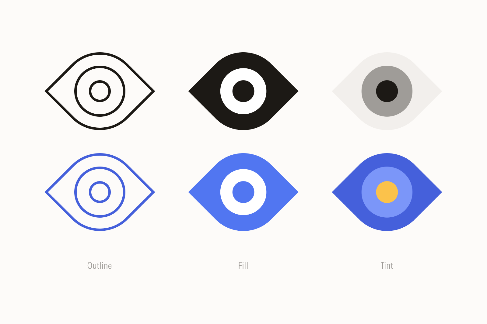 Grid of icons showing outline, fill, and tint expressions and monochrome and polychrome versions.
