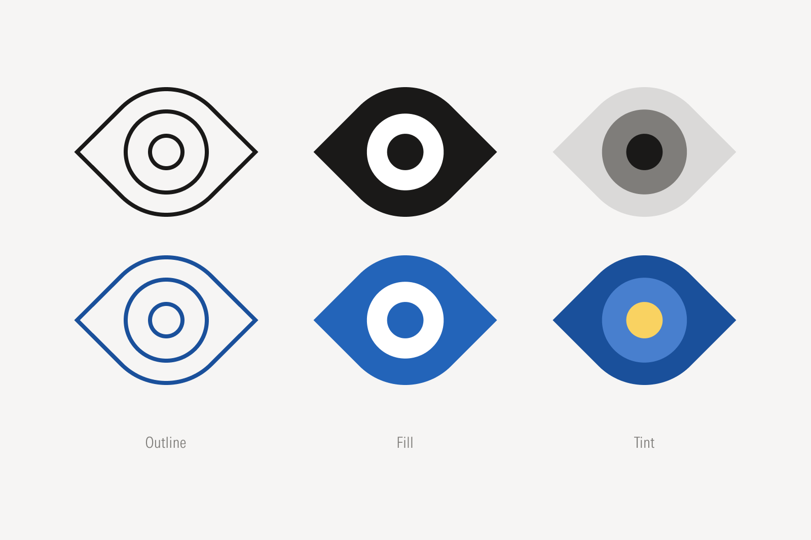Grid of icons showing outline, fill, and tint expressions and monochrome and polychrome versions.
