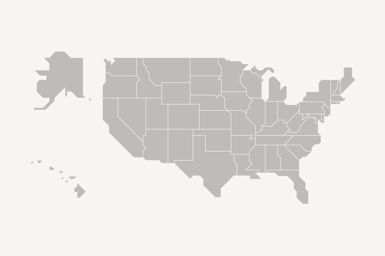 US map showing the contiguous 48 states and Hawaii and Alaska.