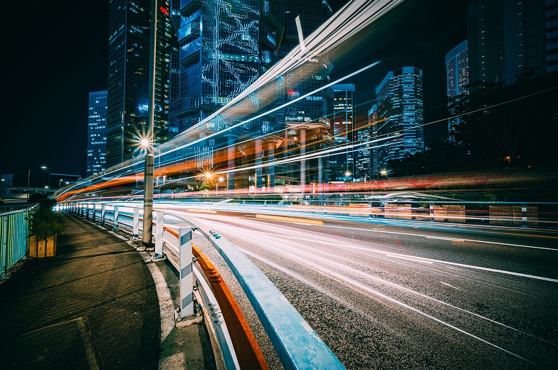 Street scene with blurred lights.