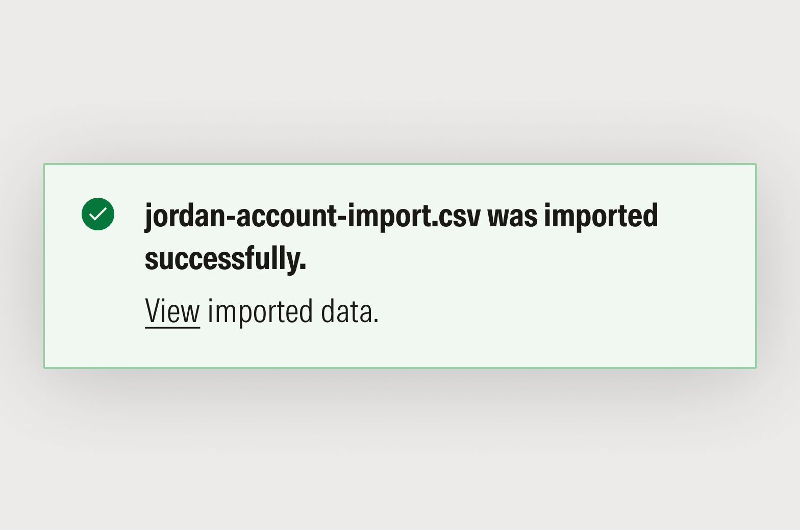 Success notification that reads: jordan-account-import.csv imported successfully. View imported data.