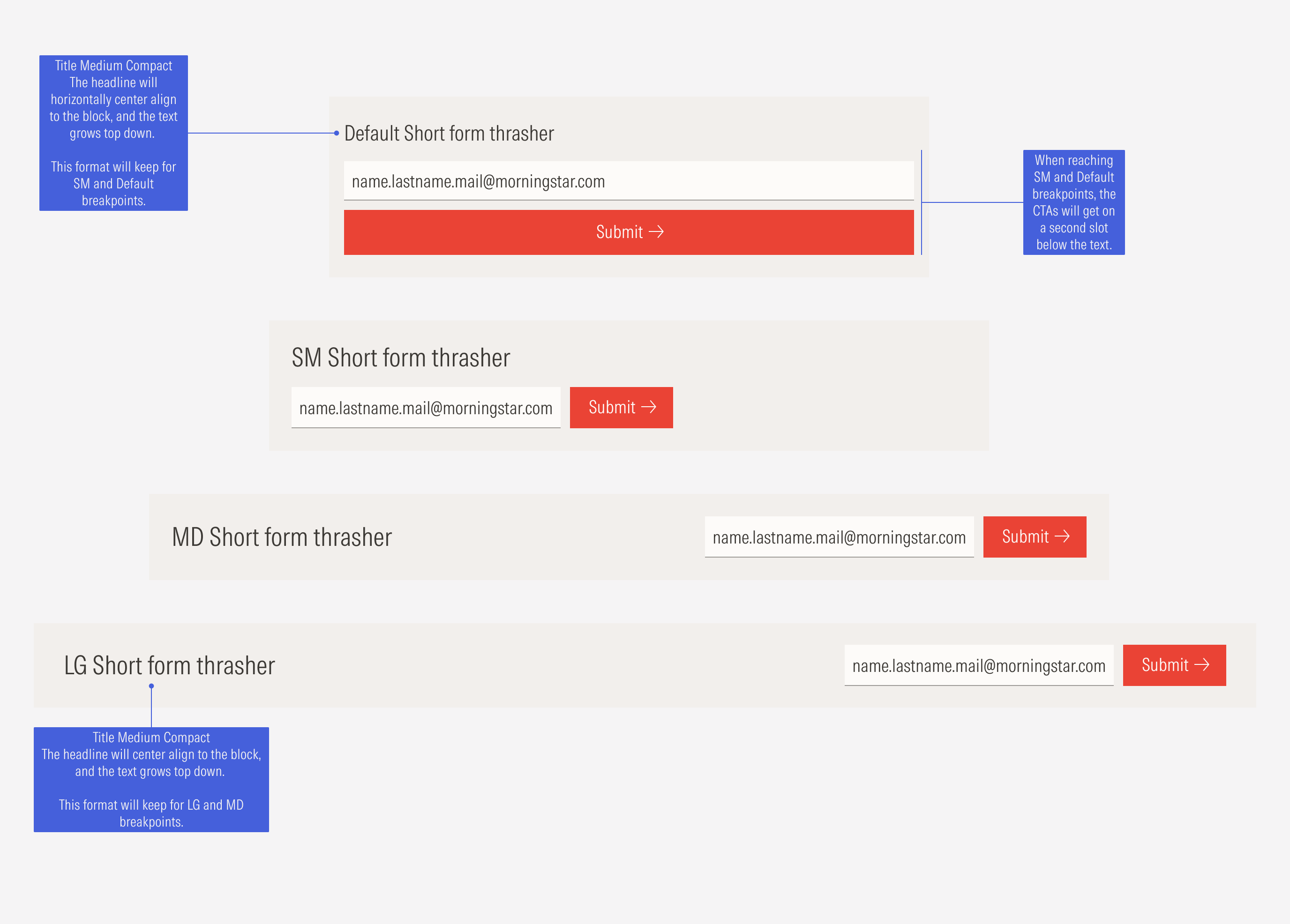Sizing options for the short form variant that shows alignment of elements at different breakpoints