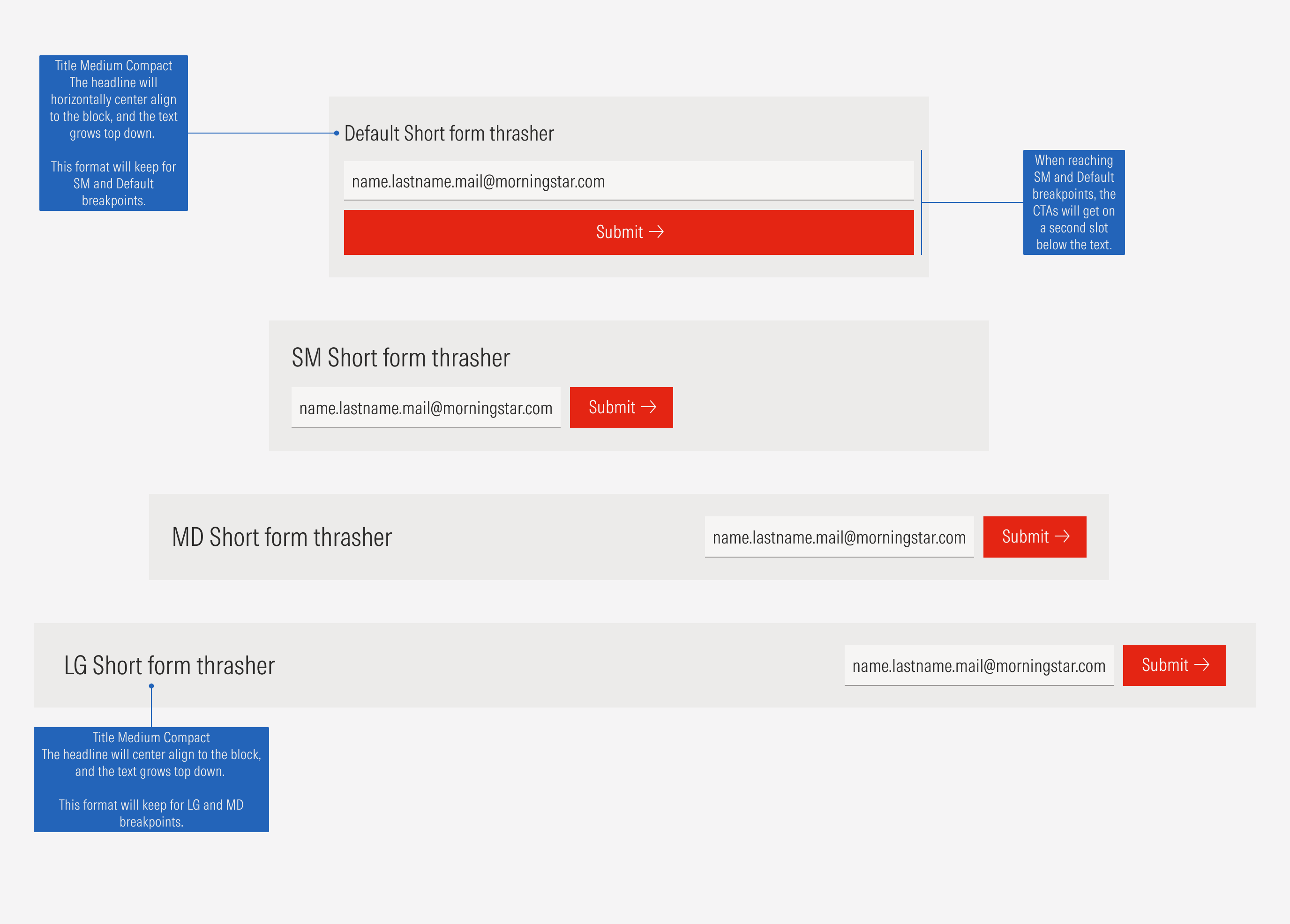 Sizing options for the short form variant that shows alignment of elements at different breakpoints