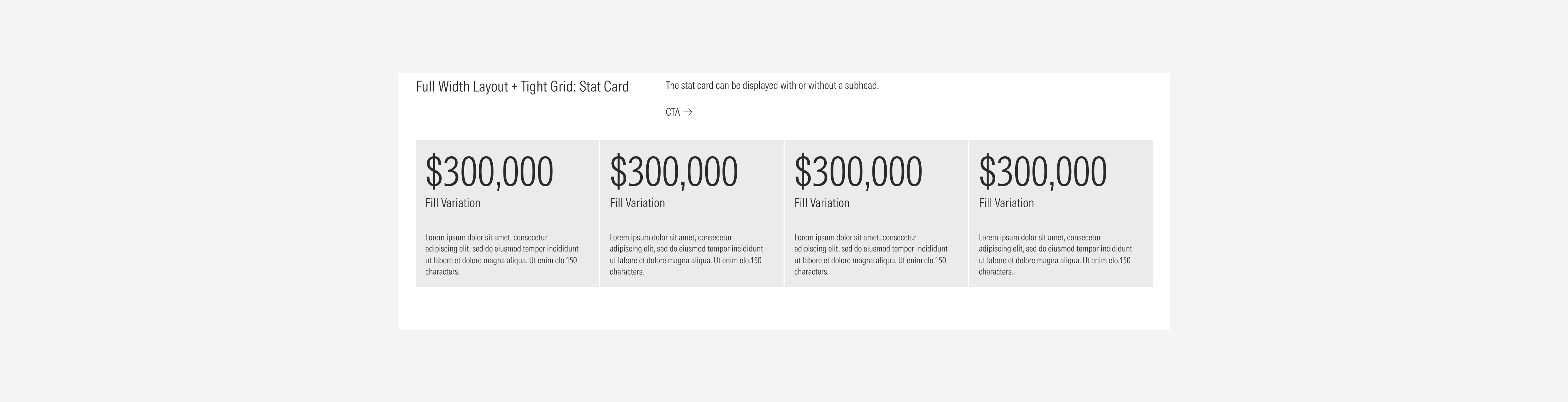 Full width layout grid using the tight gutter style with the possible variants using stat cards