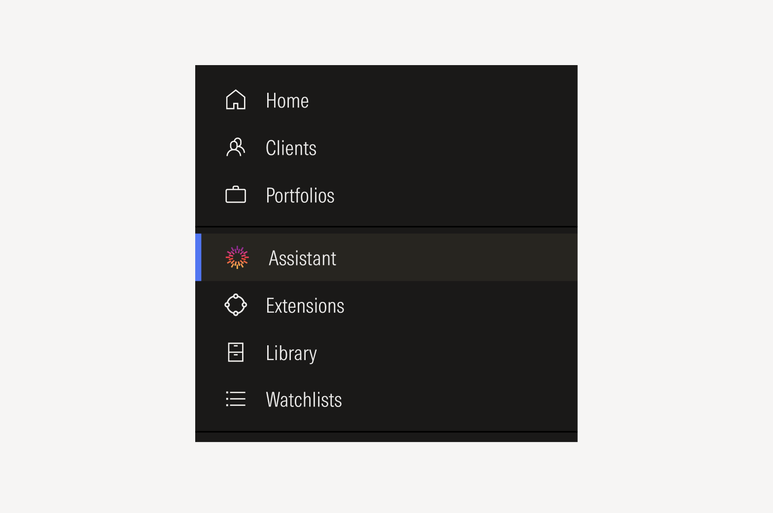 Navigation that includes a navigational item called Assistant with the AI logomark icon next to it.
