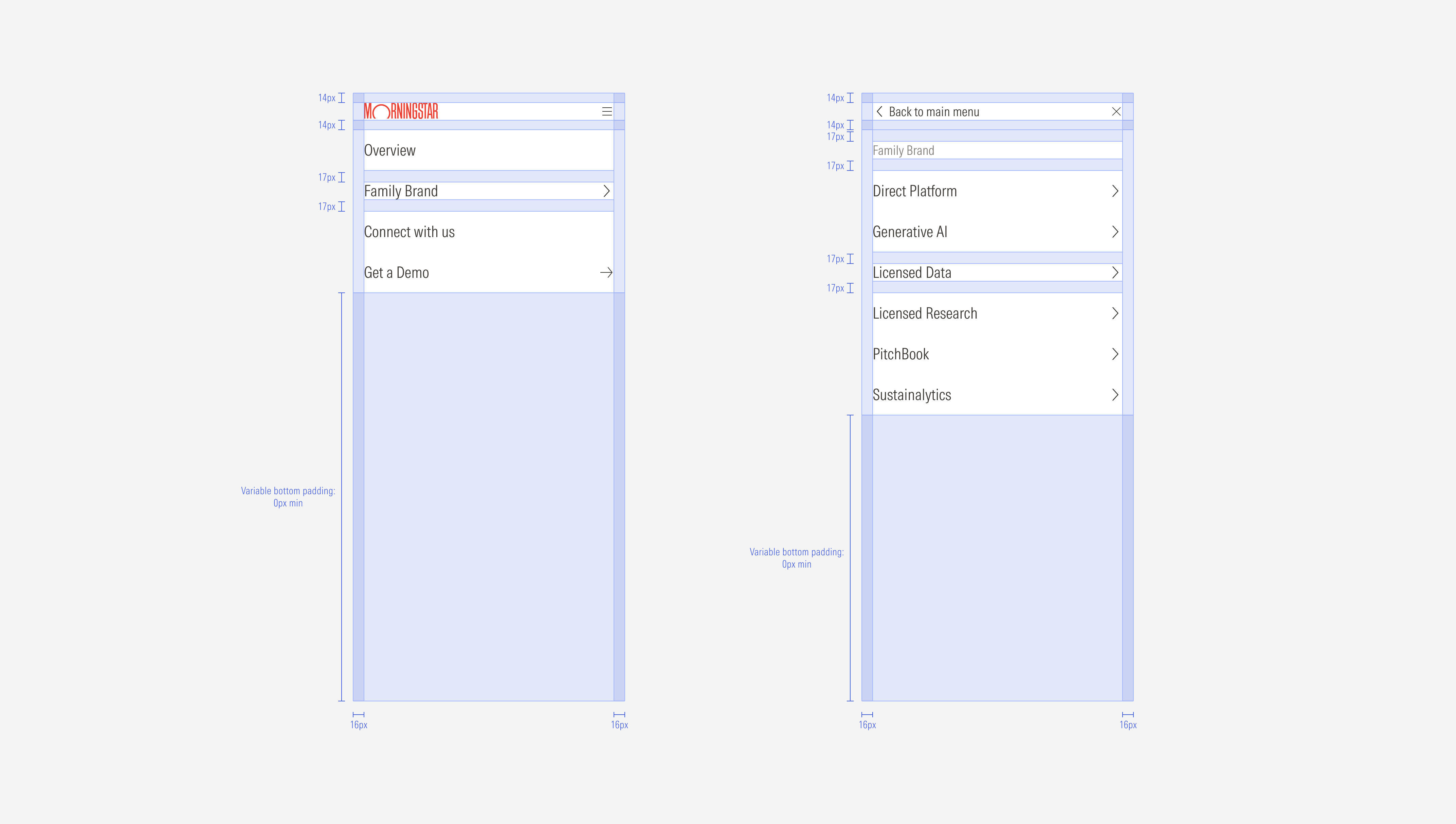 Spacings in the nested navigation for the MD and SM breakpoints