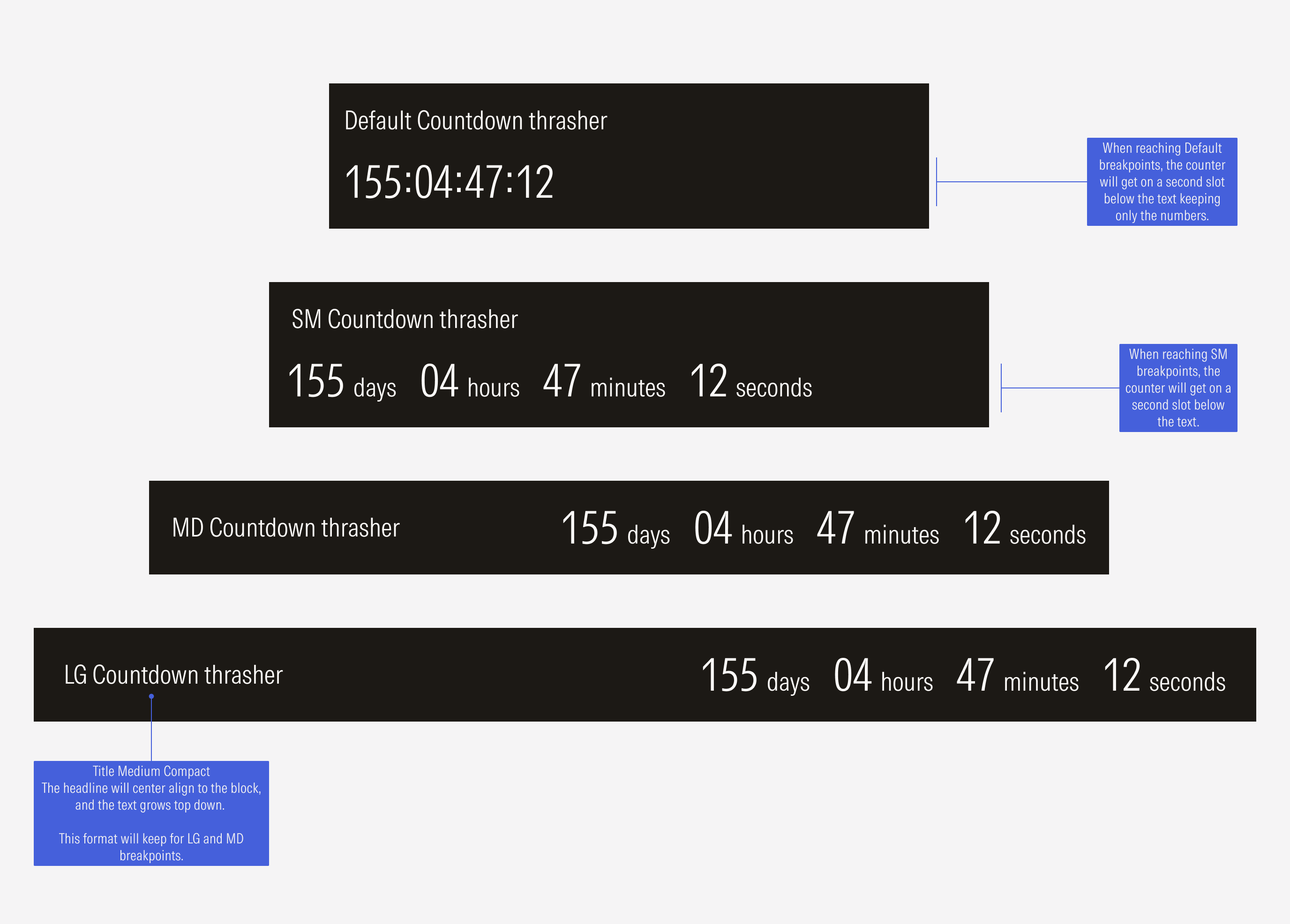 Sizing options for the countdown variant that shows alignment of elements at different breakpoints