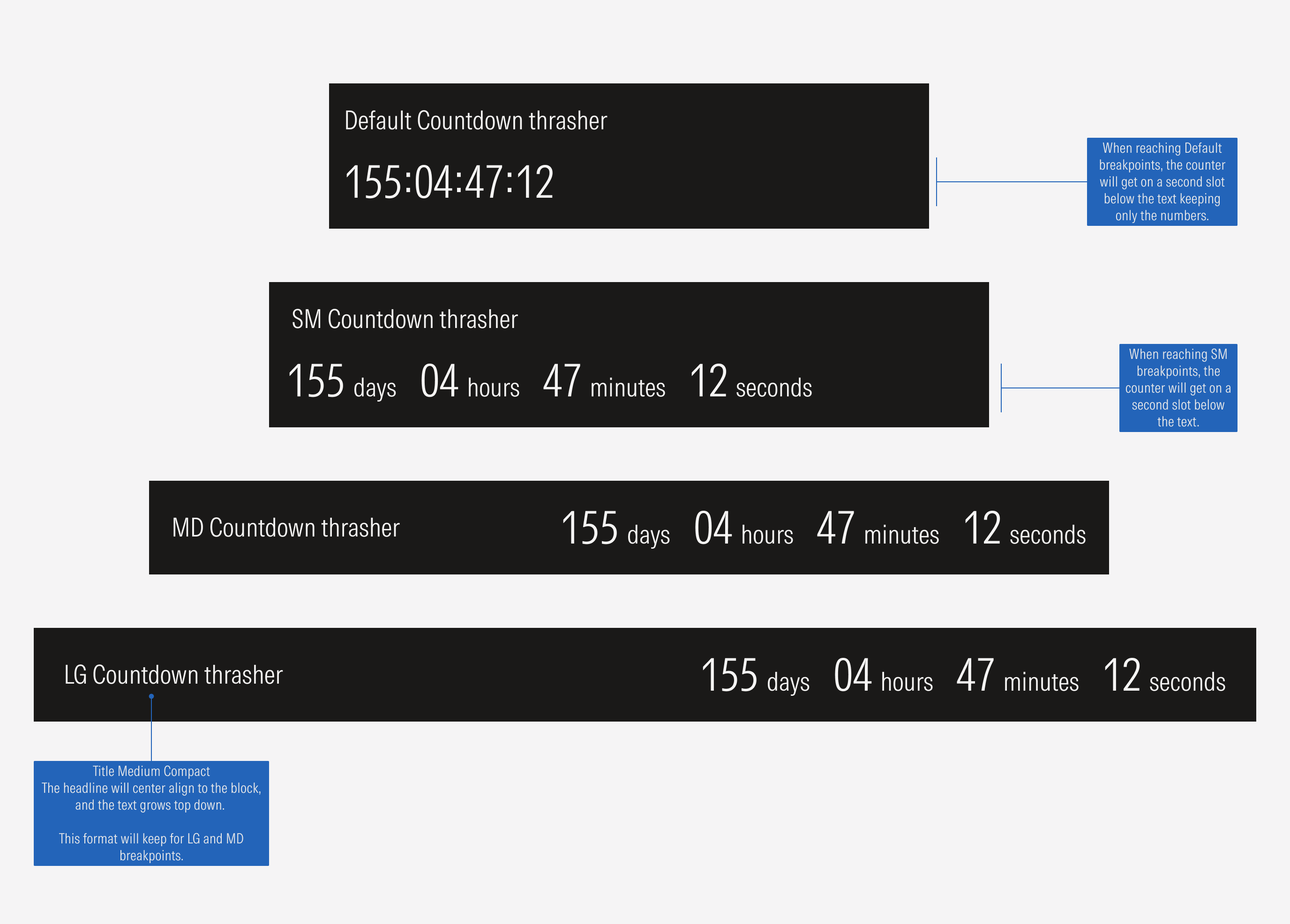 Sizing options for the countdown variant that shows alignment of elements at different breakpoints