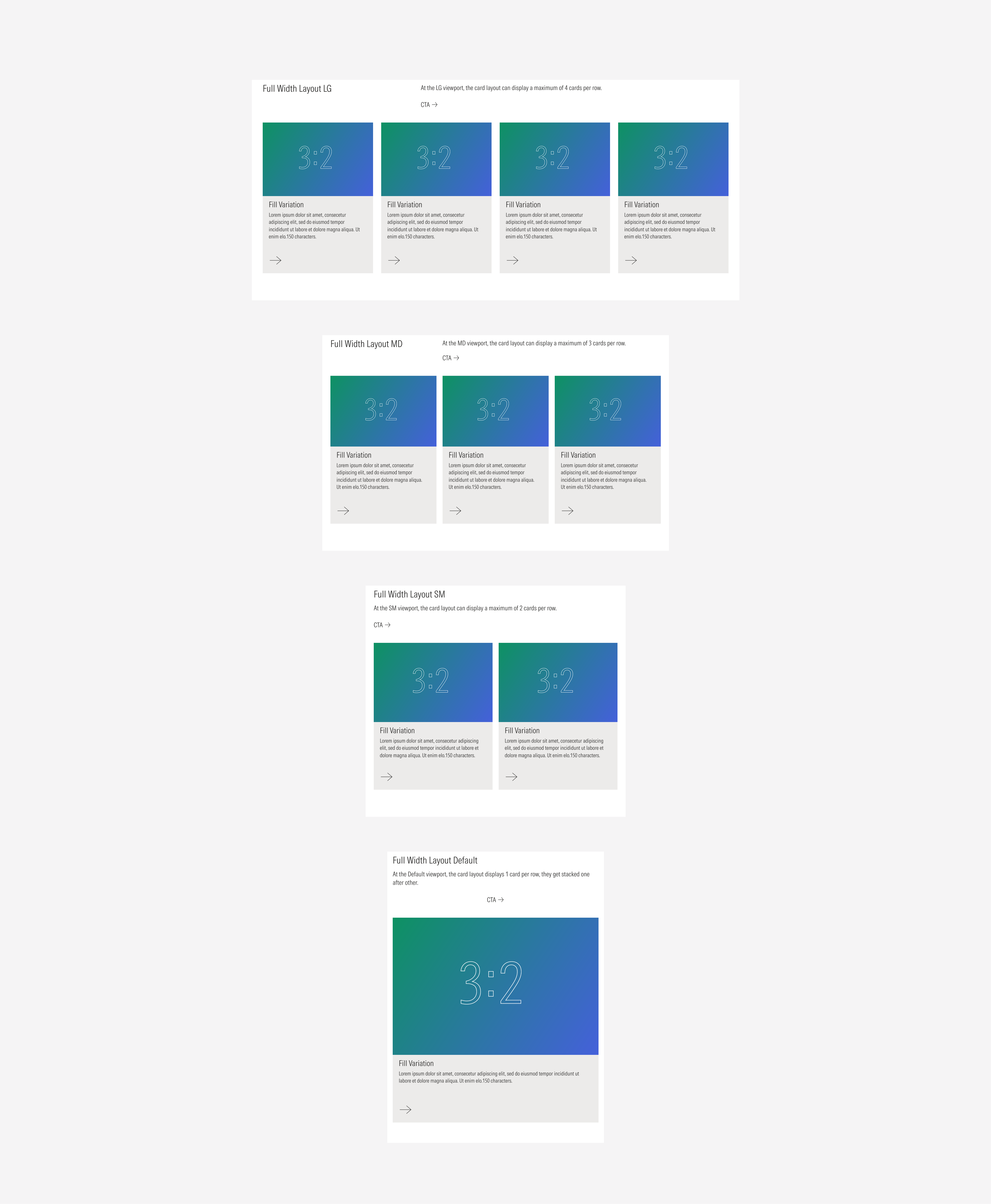 Card layout example using the full width grid on the four different viewports: lg, md, sm, and default