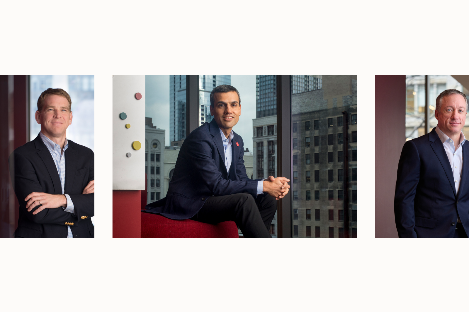 Collage of photographs of people in an office setting.