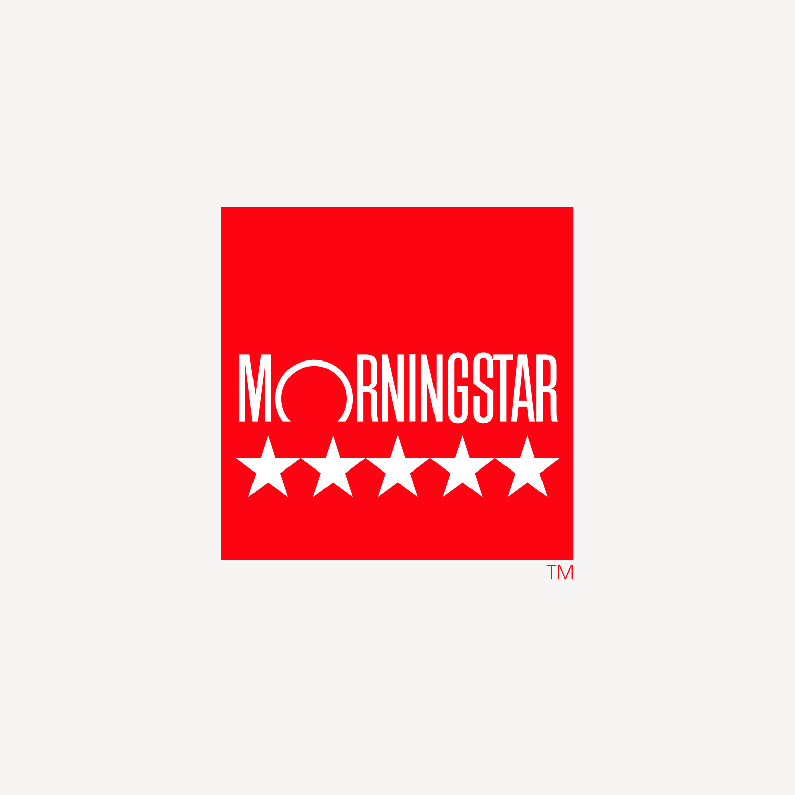 Morningstar logo in white on a red background, with five white stars beneath the text, indicating a 5-star rating.