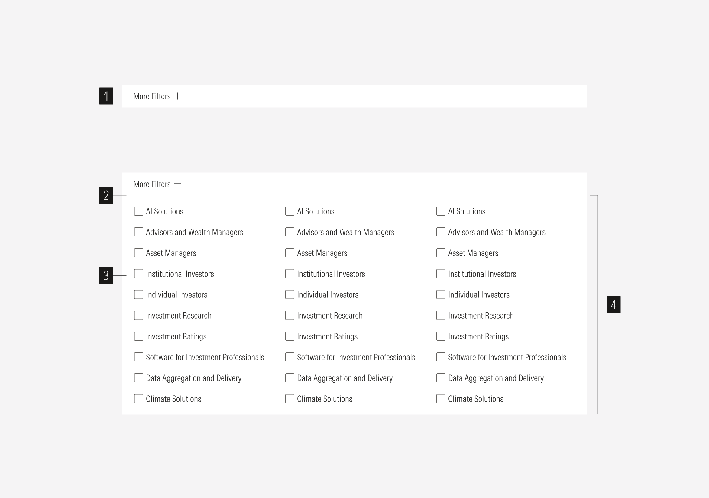 Anatomy of the more filter section. It has 4 parts: CTA, divider line, filter panel, and checkbox item.