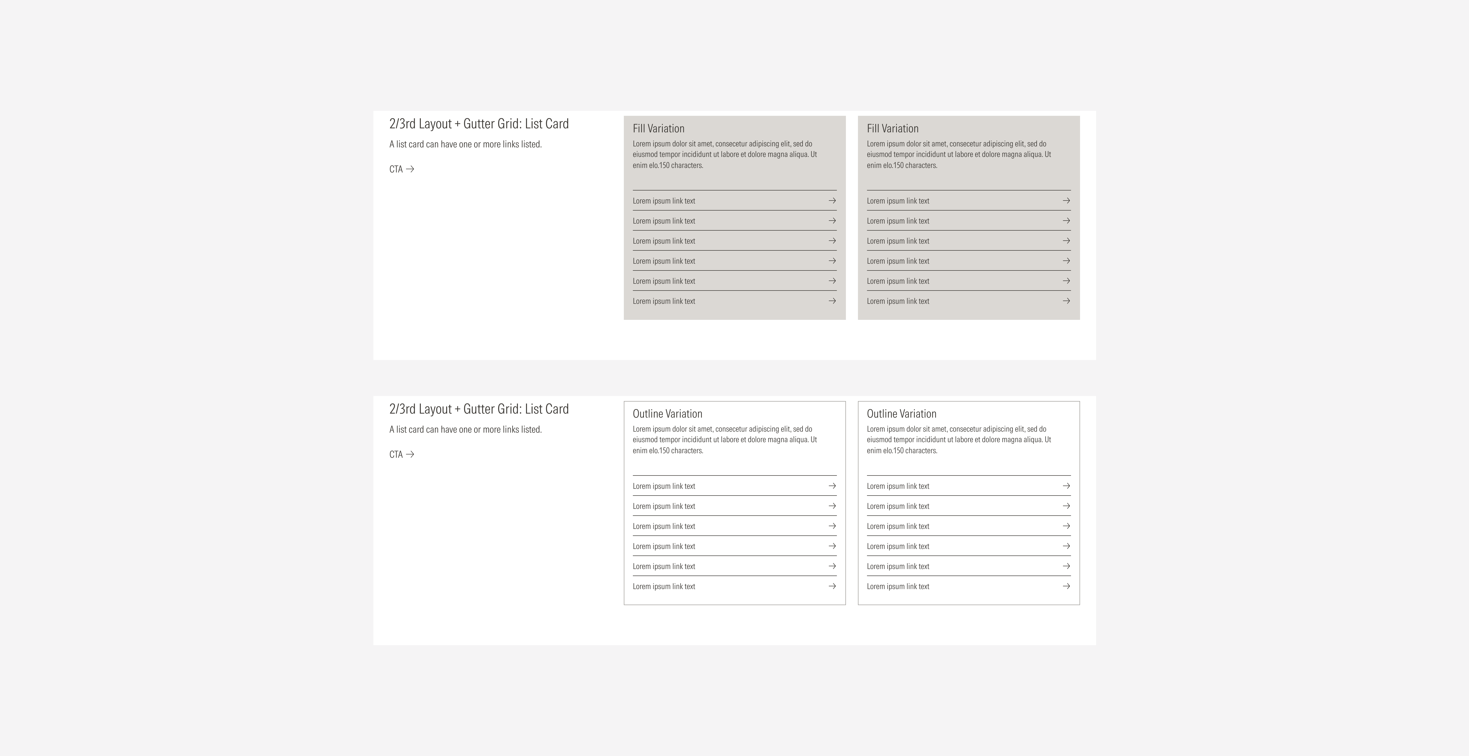 2/3rd layout grid using the gutter gutter style with the possible variants using list cards