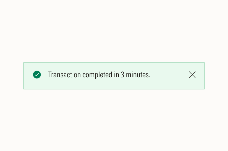 Success notification that states "Transaction completed in 3 minutes."