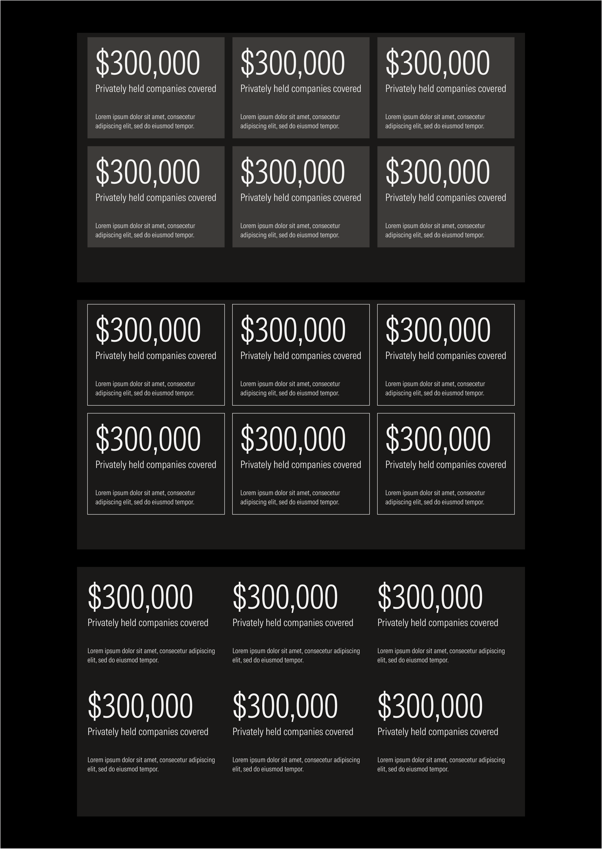 Grouped stat cards on dark theme