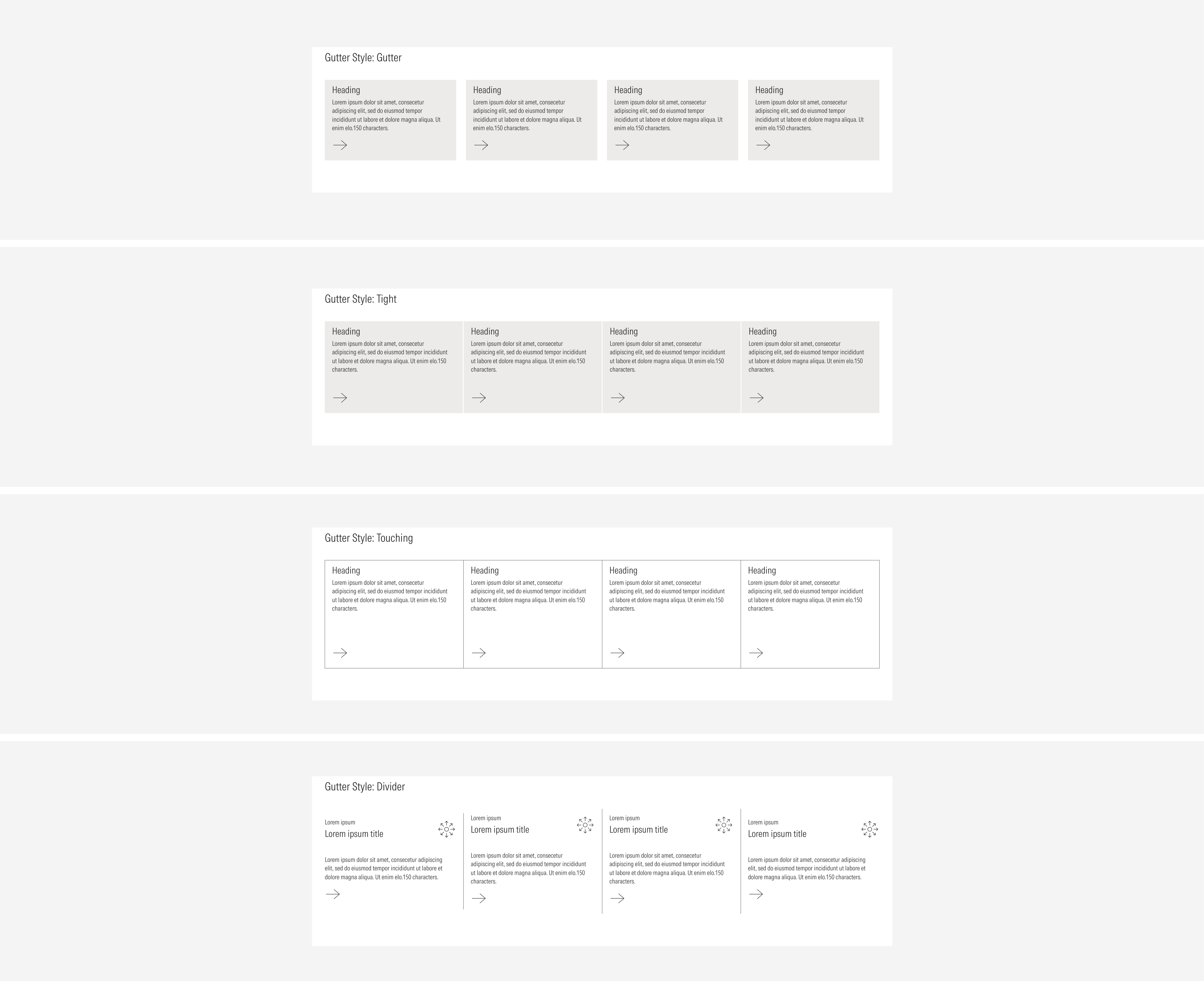 Styles of gutters on a card layout: gutter, tight, touching, and divider