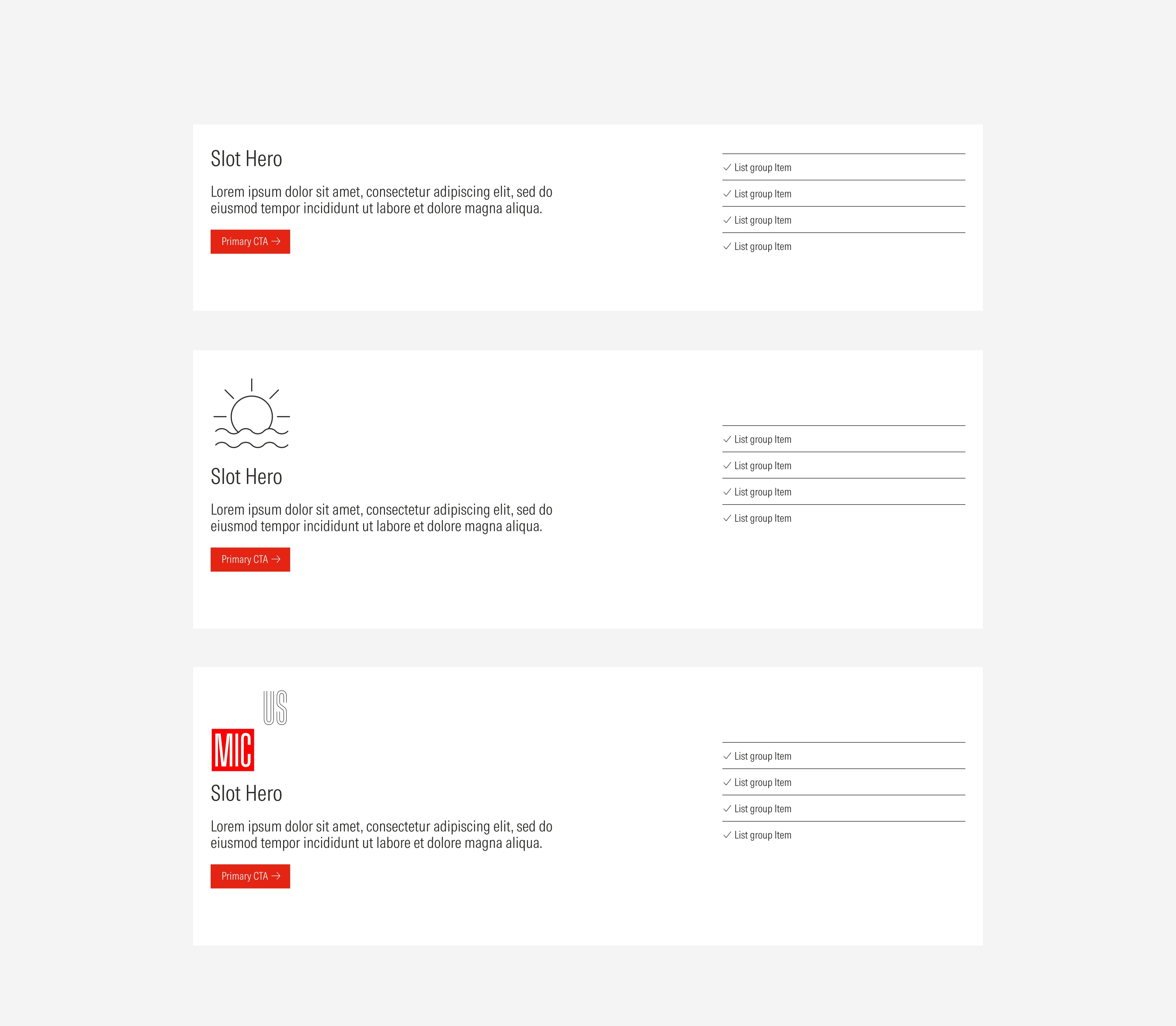 Slot hero list group variants: with an icon, with a logo, text block only