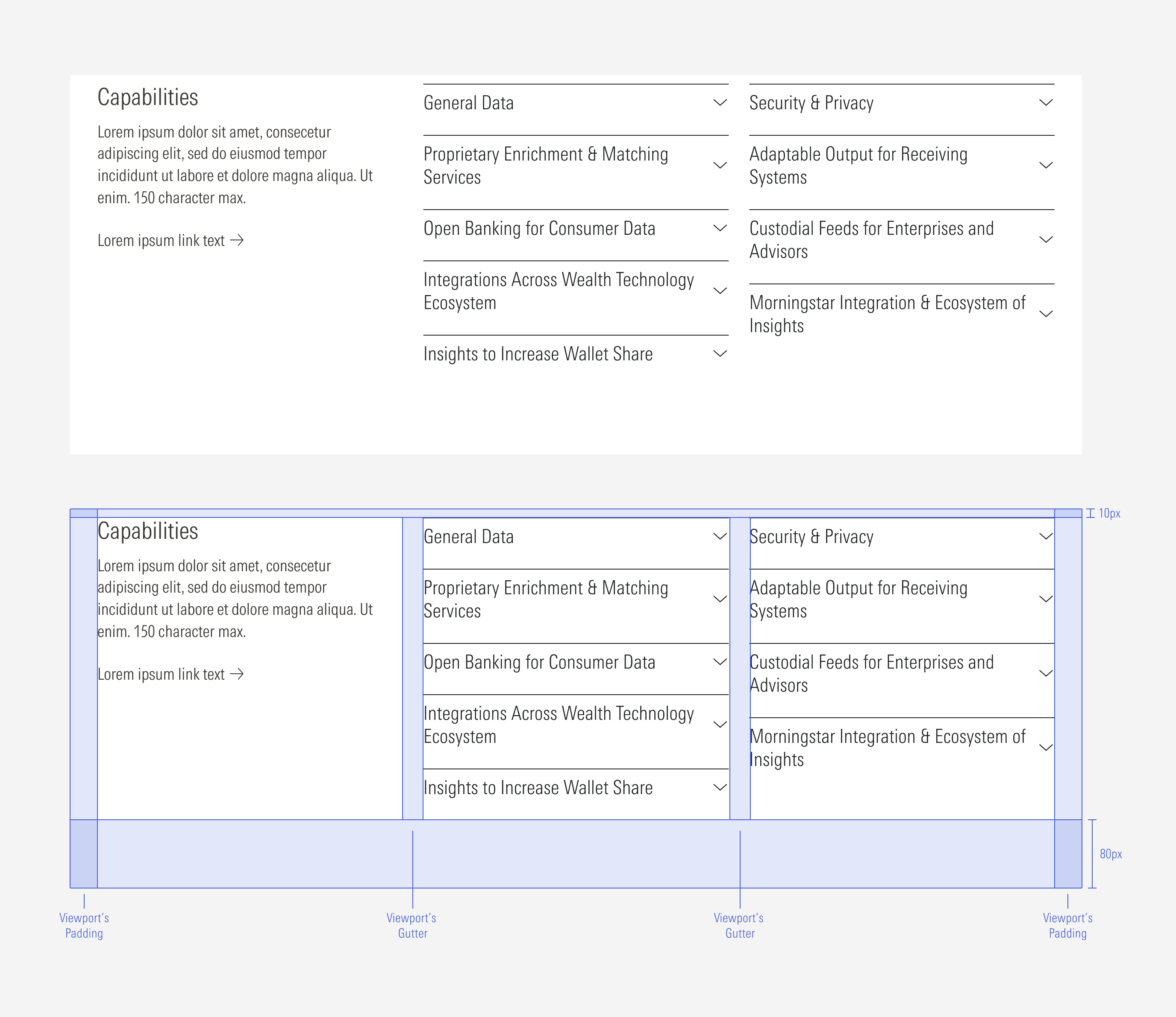3 Columns: A Text Block and Two Accordion Groups