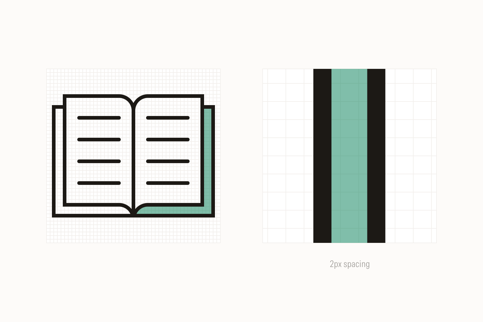 Book icon with detail view of a 2 pixel space between strokes.