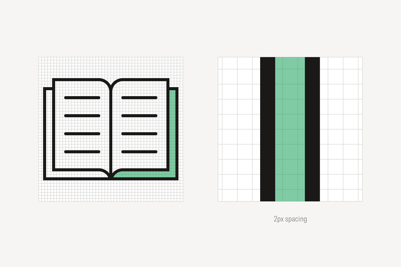 Book icon with detail view of a 2 pixel space between strokes.