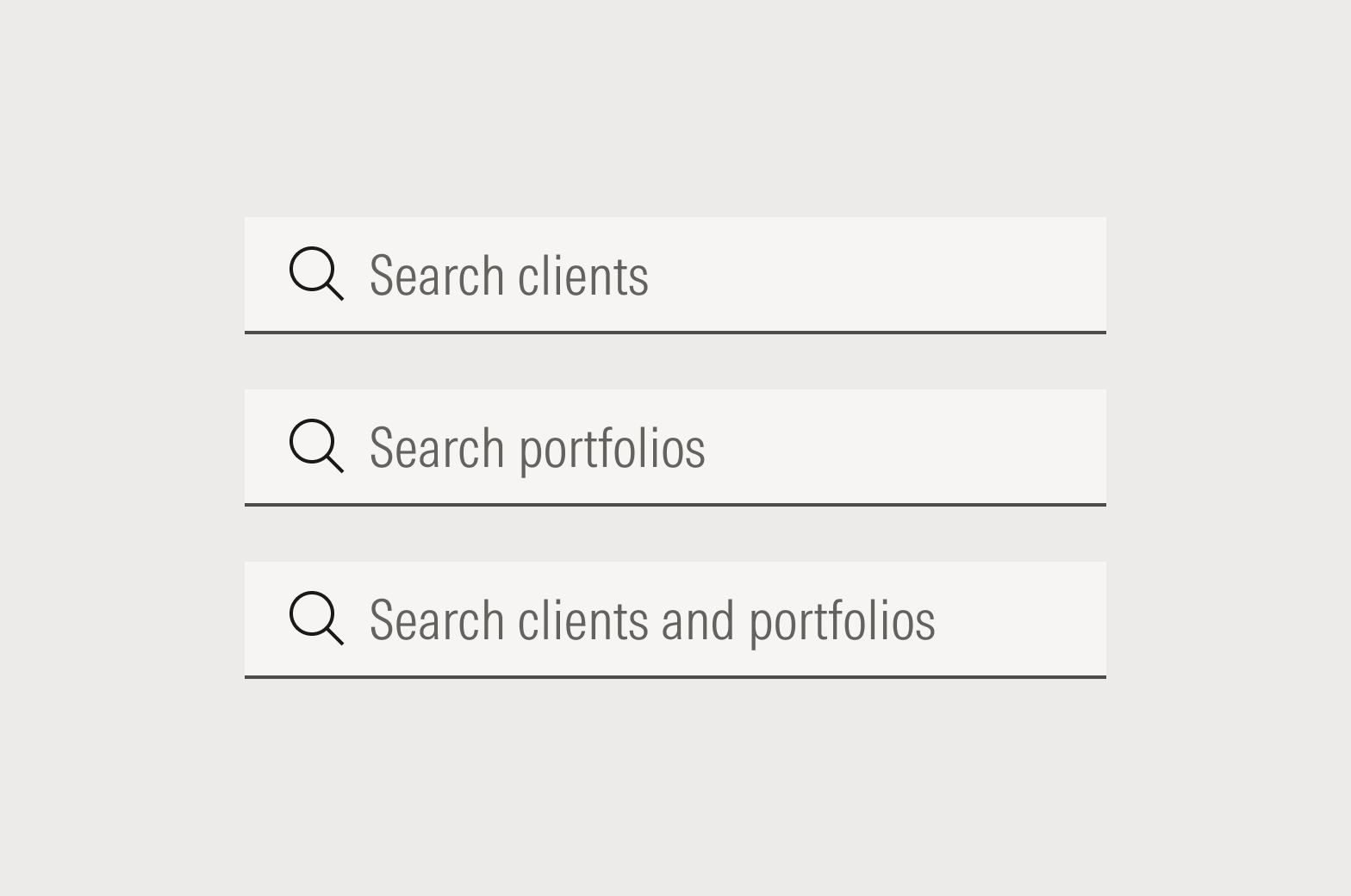 Placeholder text in three global search boxes that reads: Search clients, Search portfolios, Search clients and portfolios