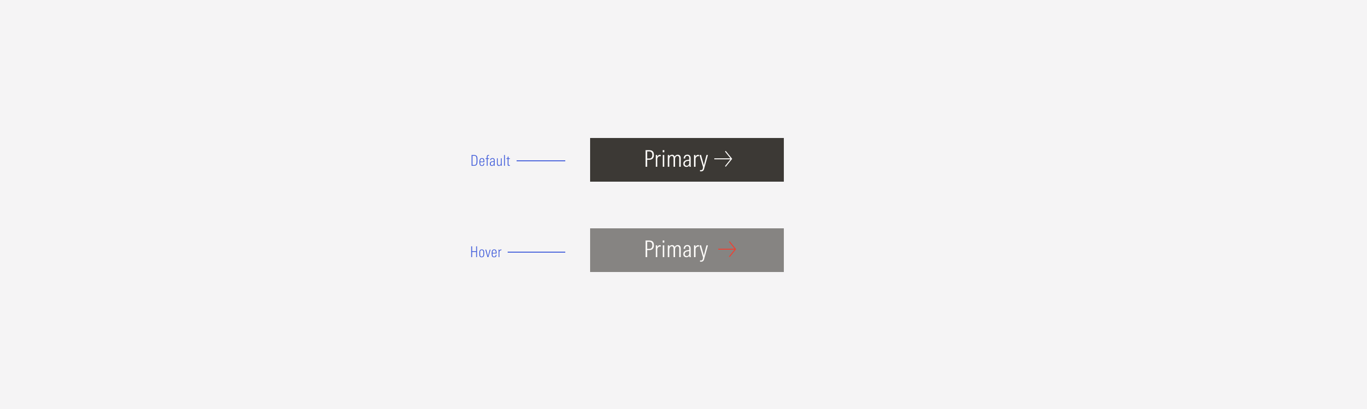 Example of the behavior of the main buttons from their default stage to their hover state.
