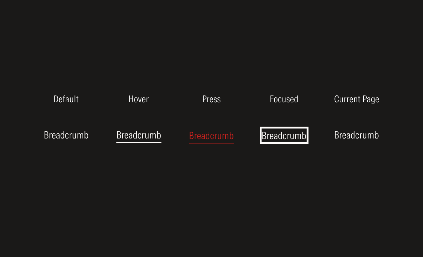 States of the breadcrumb items on dark theme: default, hover, pressed, focused, current page