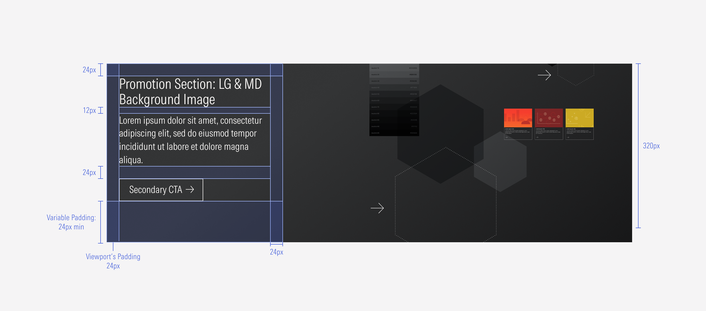 Shows the pixel spacing between elements within the background LG and MD variant