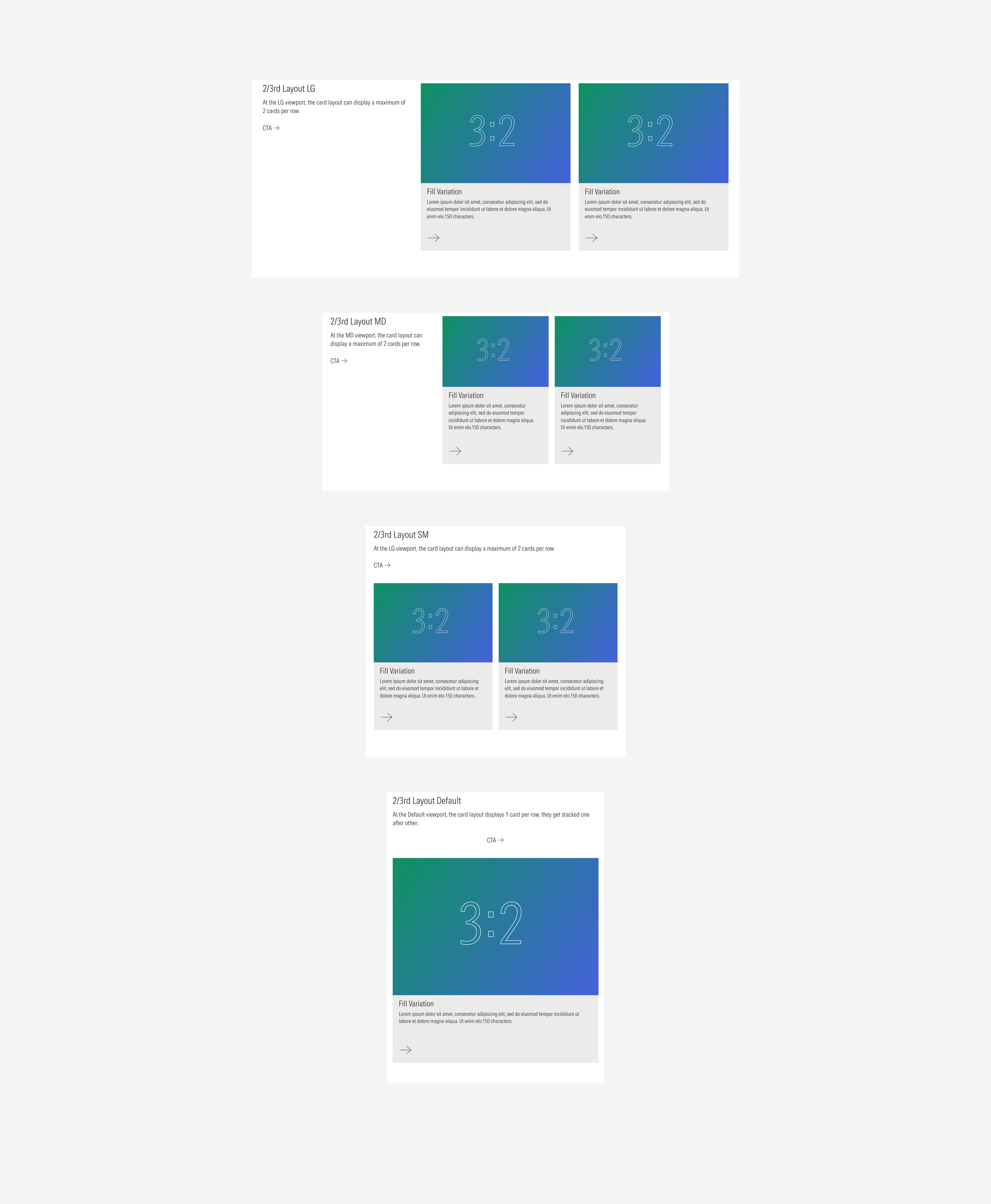 Card layout example using the 2/3 grid on the four different viewports: lg, md, sm, and default