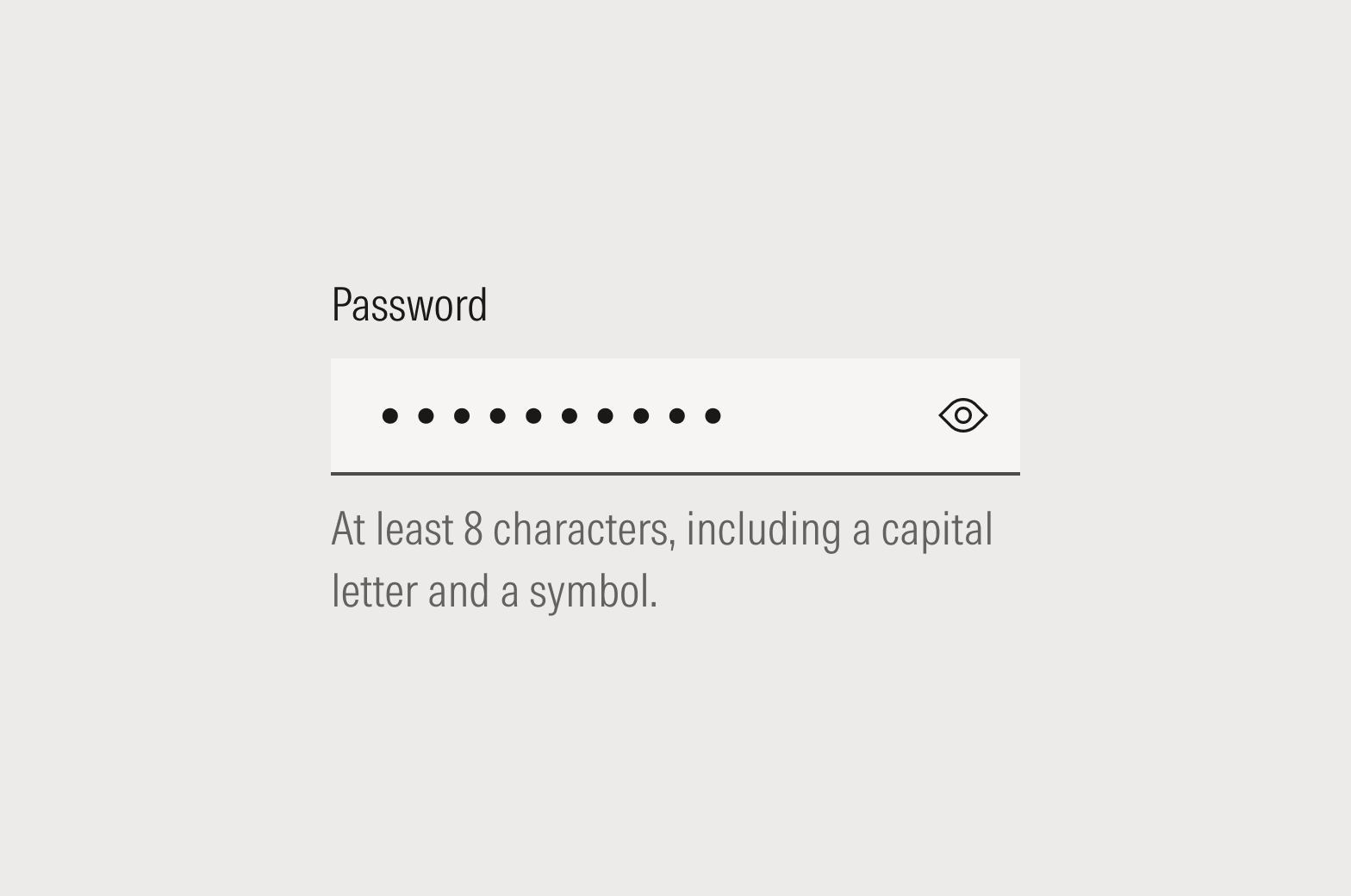 Password field with helper text below that reads: At least 8 characters, including a capital letter and a symbol.
