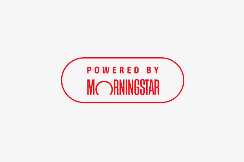 Image of powered by morningstar logo with red type on red outline pill