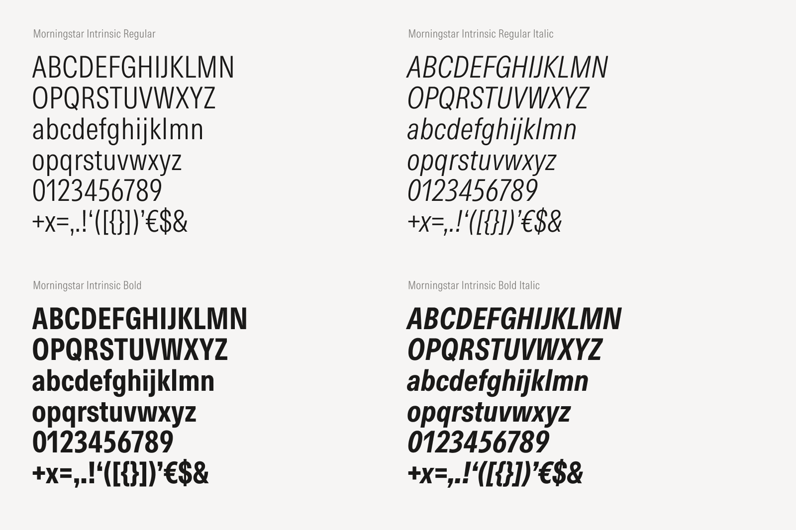 Display of letters and numbers of all four styles across two weights and italics of Morningstar Intrinsic