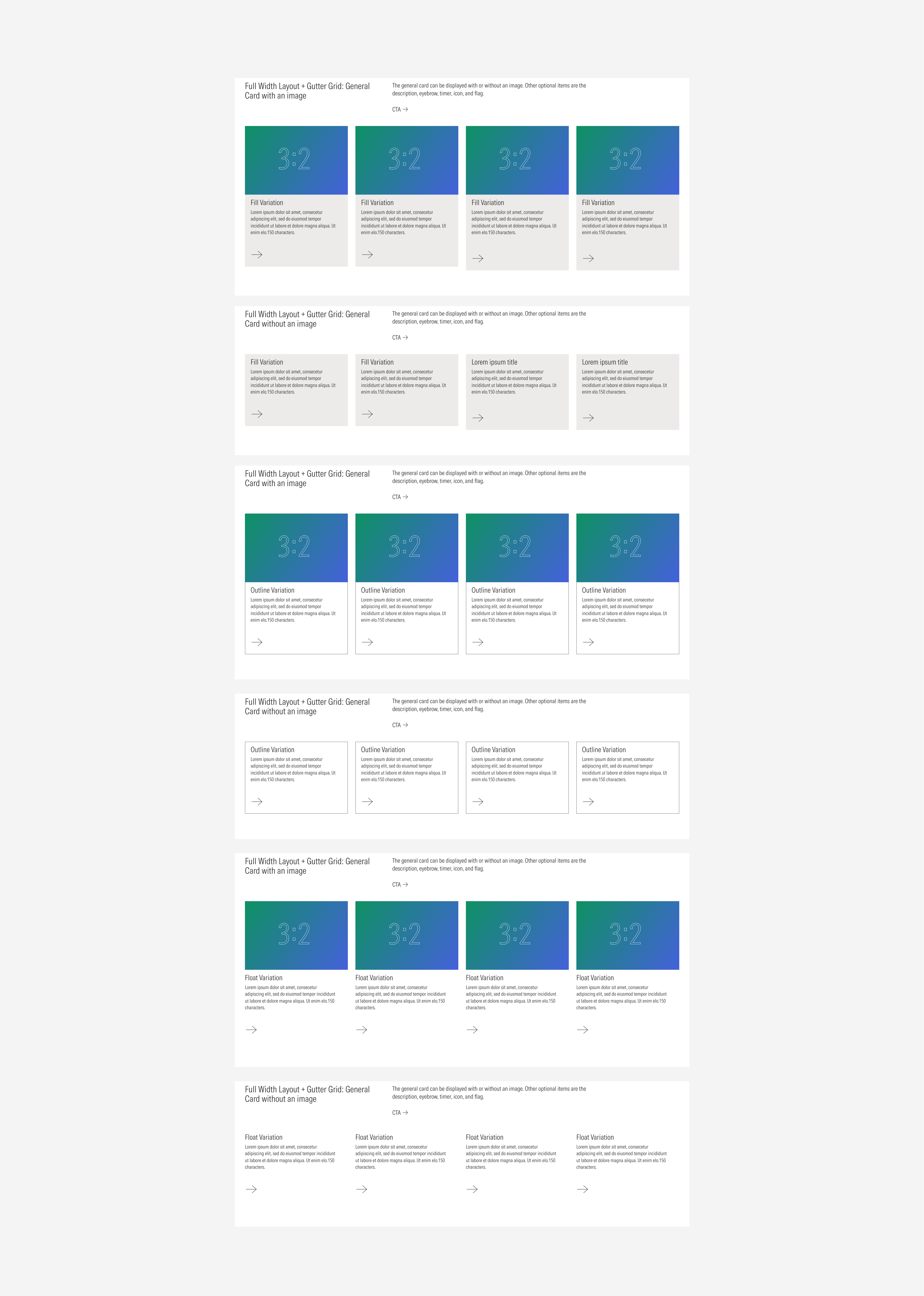 Full width layout grid using the gutter gutter style with the possible variants using general cards