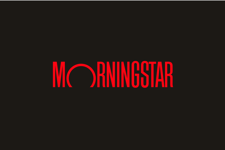 Red logotype on dark background.