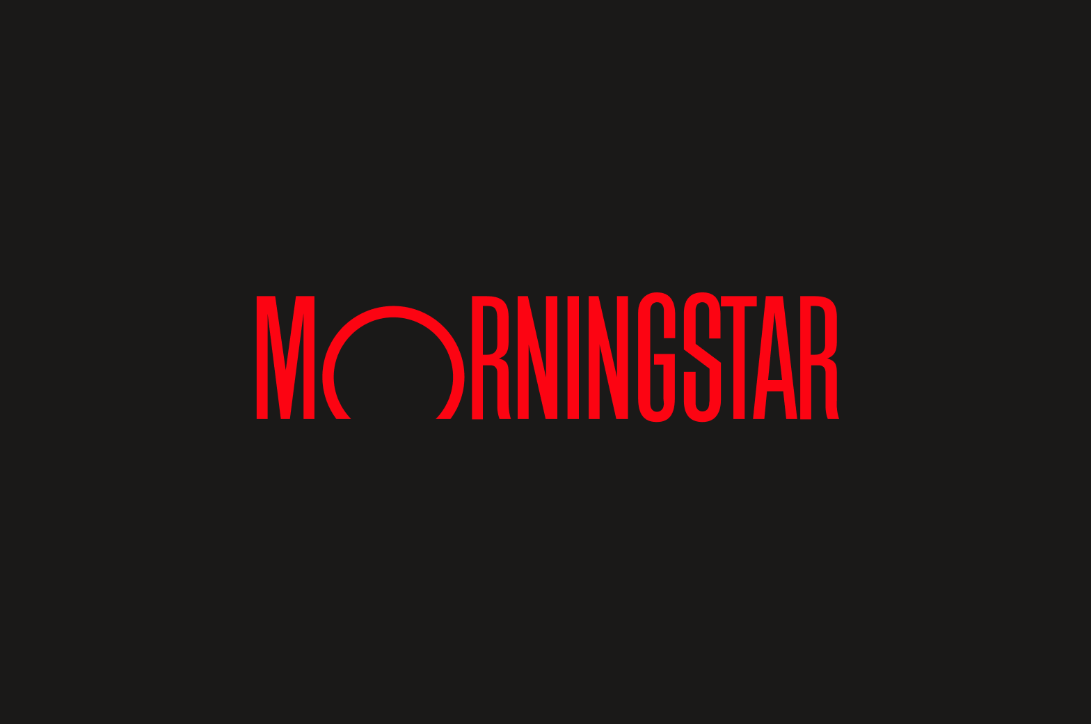 Red logotype on dark background.