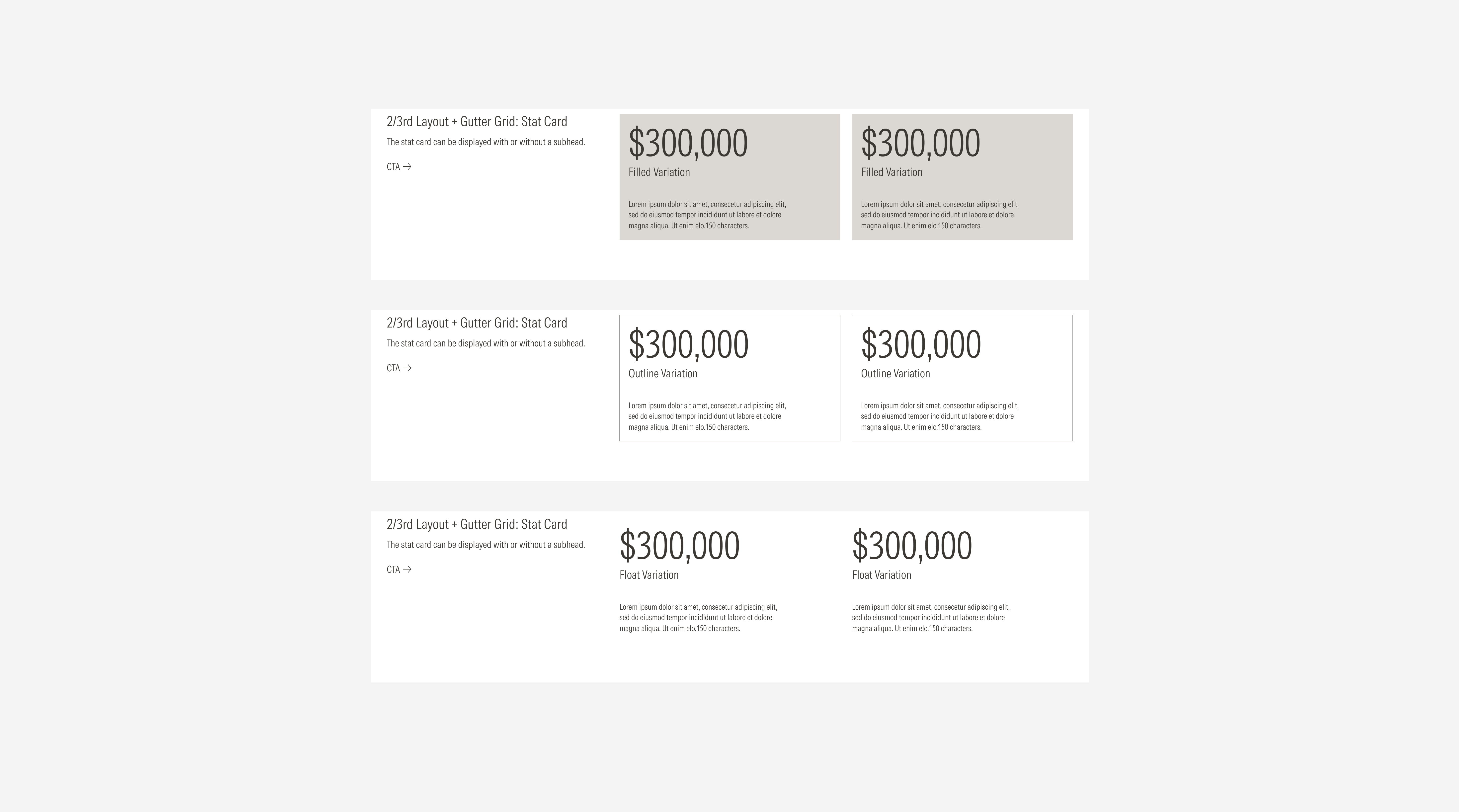 2/3rd layout grid using the gutter gutter style with the possible variants using stat cards