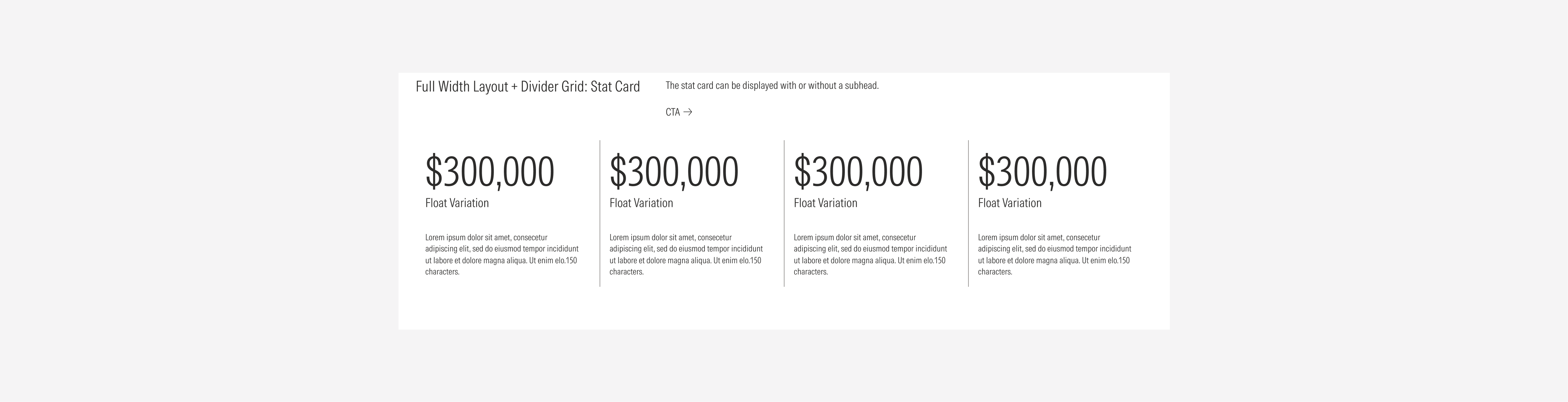 Full width layout grid using the divider gutter style with the possible variants using stat cards