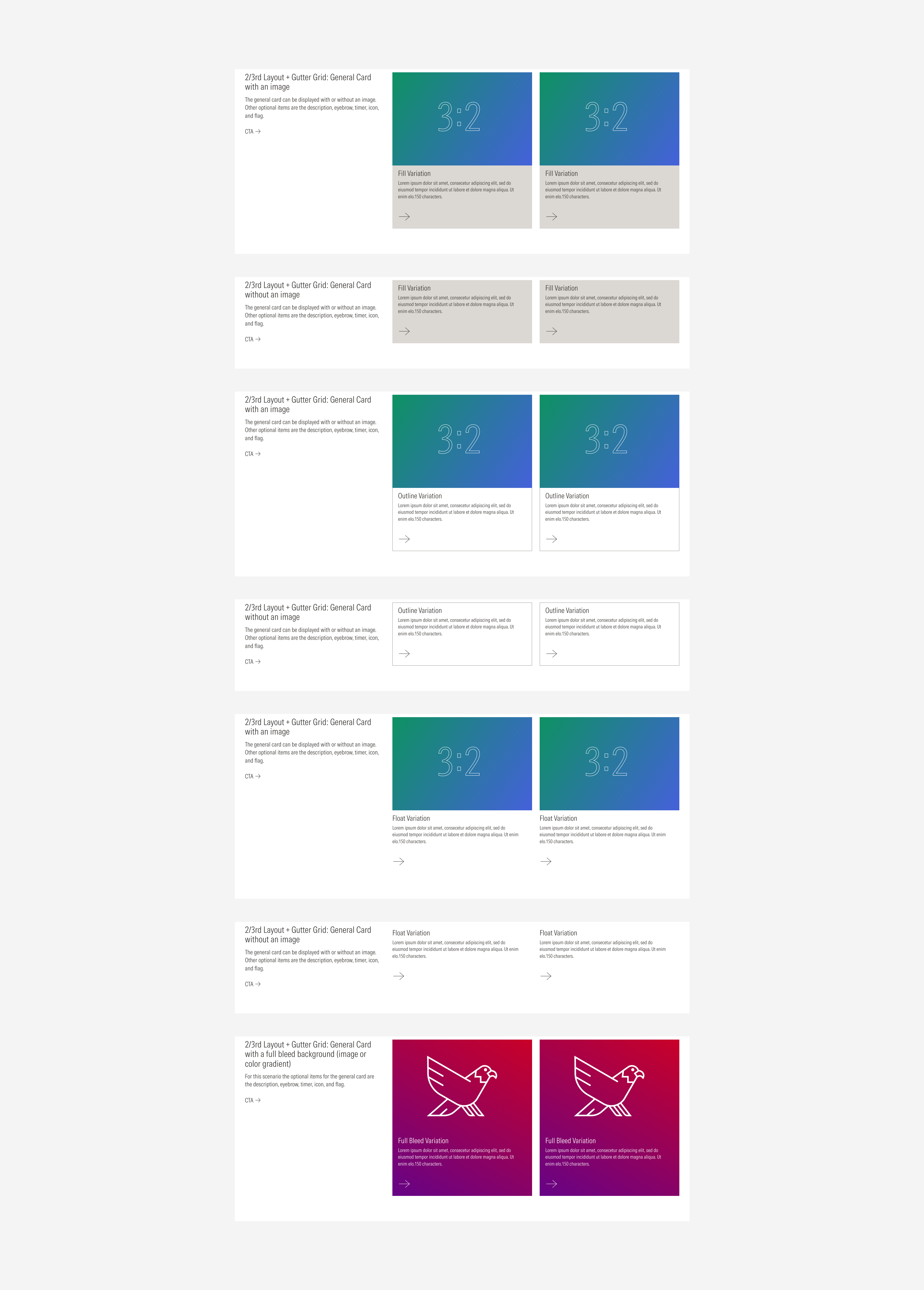 2/3rd layout grid using the gutter gutter style with the possible variants using general cards